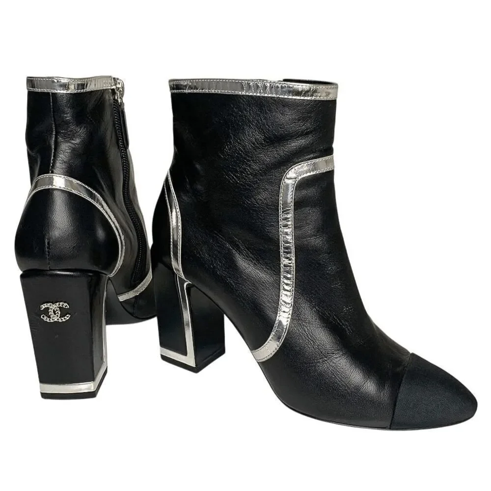 Chanel Interlocking C Black Leather and Grosgrain Ankle Booties EU 37.5 US 6.5-7